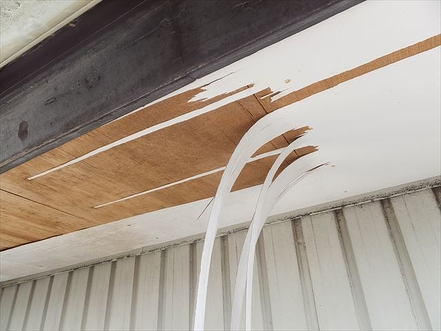 軒天井の天井材が劣化して剥がれている